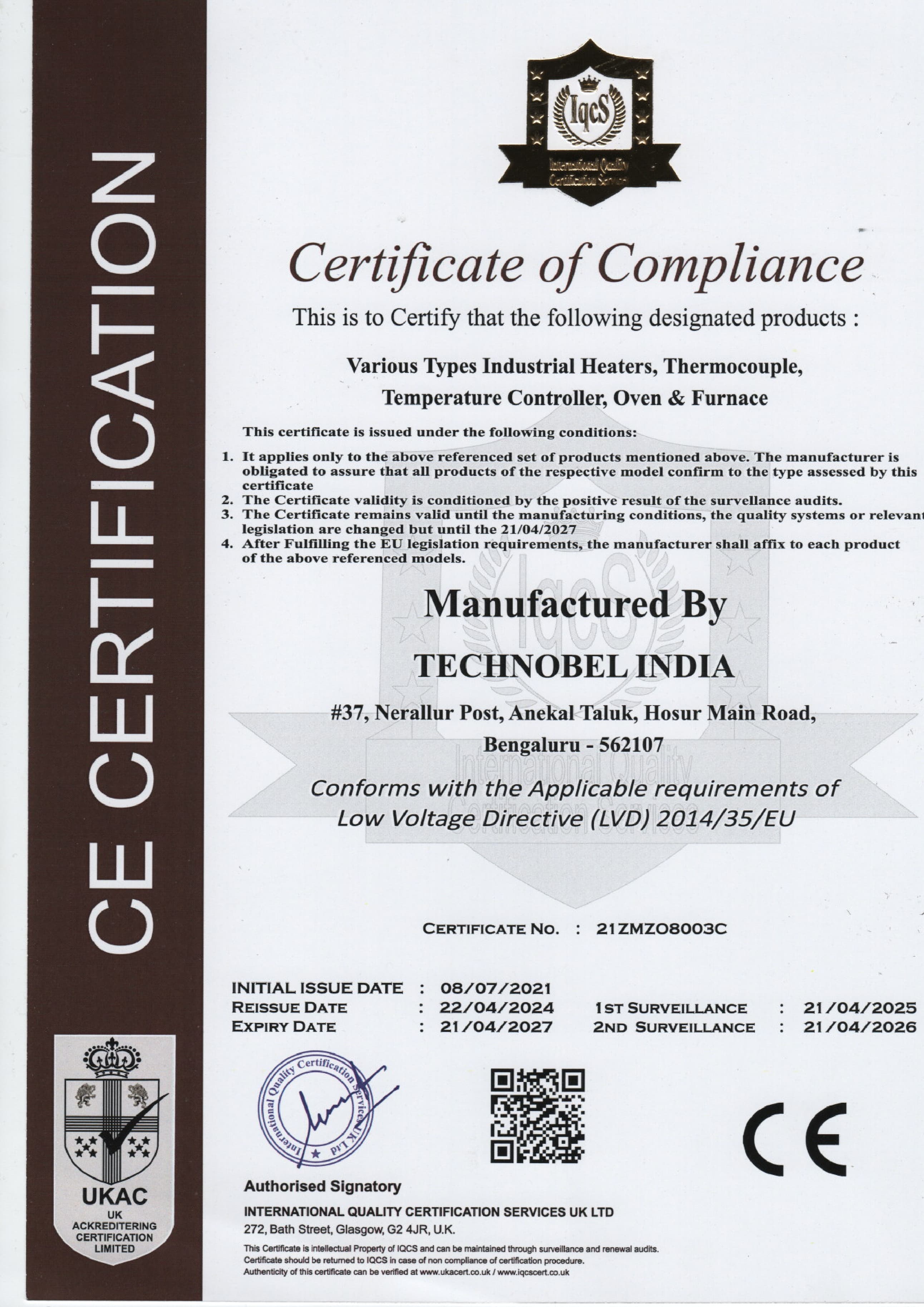 Technobel CE Certification for industrial heating equipment