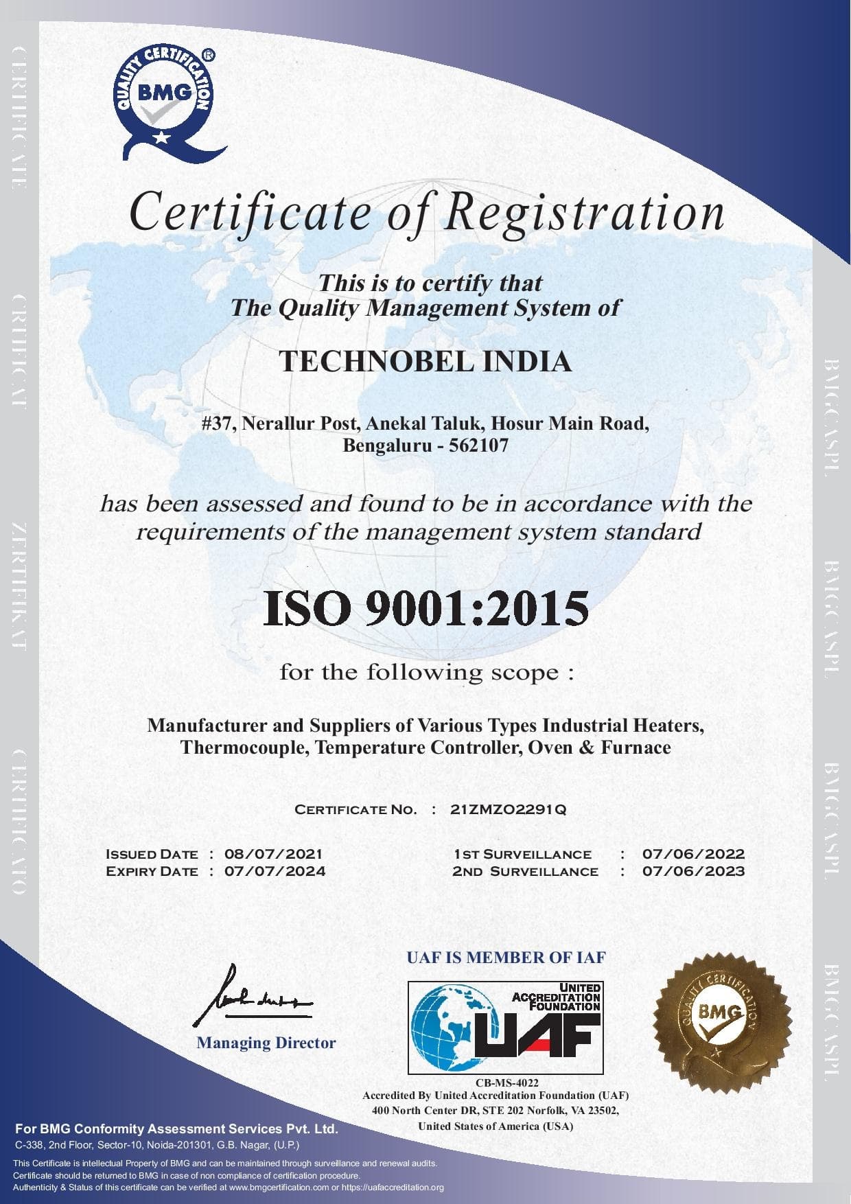 Technobel Quality Registration Certificate