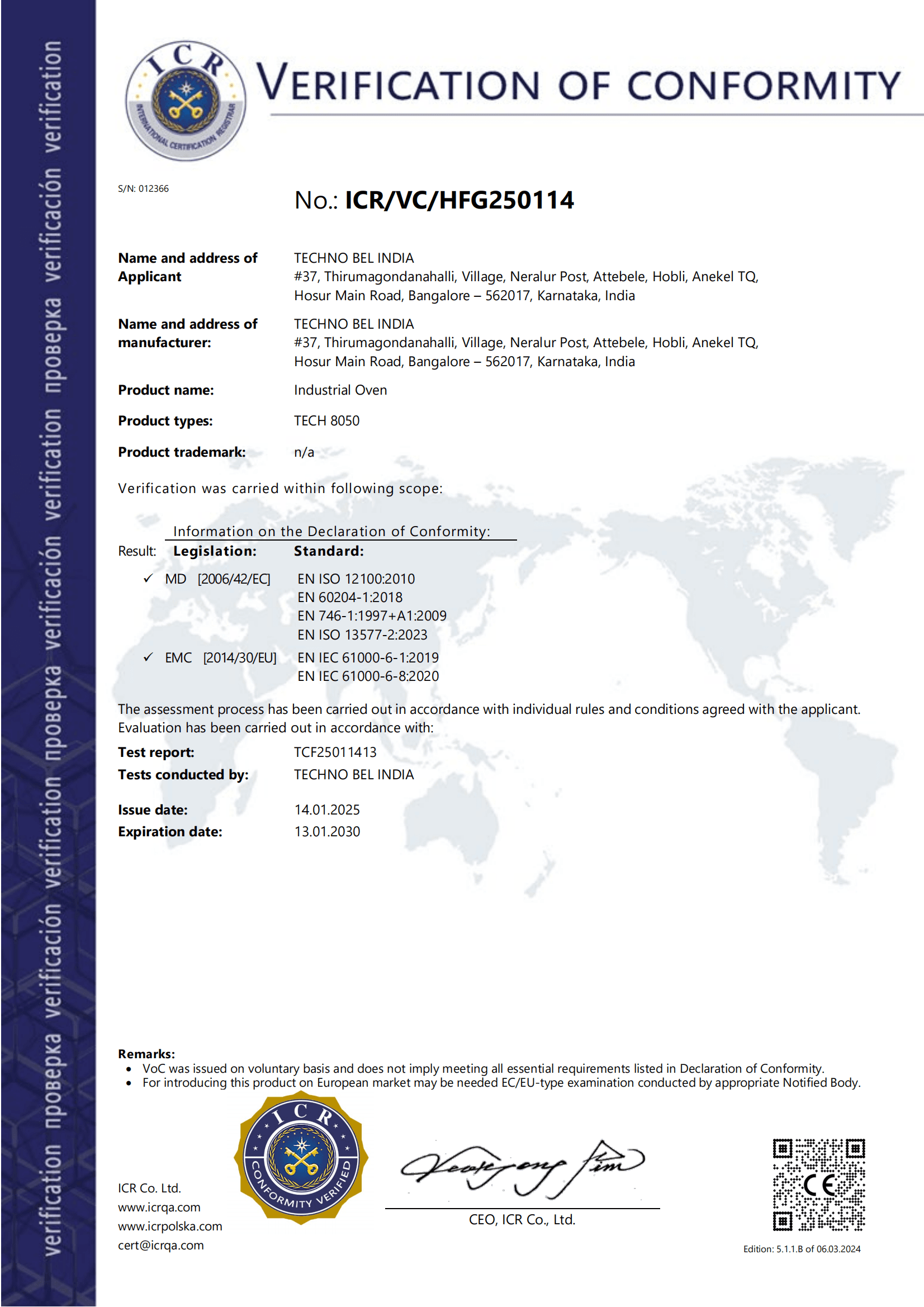 Technobel Verification of Conformity Certificate